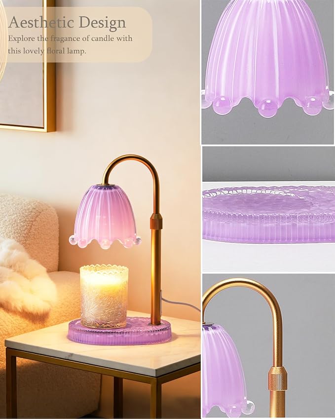Flower Candle Warmer Lamp Glass Base with Timer & Dimmer, Mothers Day Birthday Gifts for Mom Women, Adjustable Floral Candles Warmer, Girly Wax Warmer New Home Office Decor (Purple-Flower)