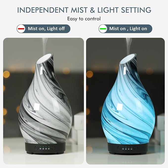 Aromatherapy Essential Oil Diffuser for Home- Art Glass Diffuser for Essential Oils with Waterless Auto Shut-Off 4 Timer 7 Colors LED Night Light for Home Office Decor Gifts for Women