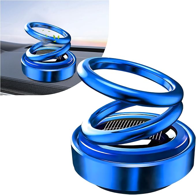 Solar Rotating Car Air Freshener, Solar Energy Refillable Car Dashboard Aromatherapy Ornament, Double Ring Fragrance Diffuser Decorative Accessories for Vehicle Home Office (Blue)