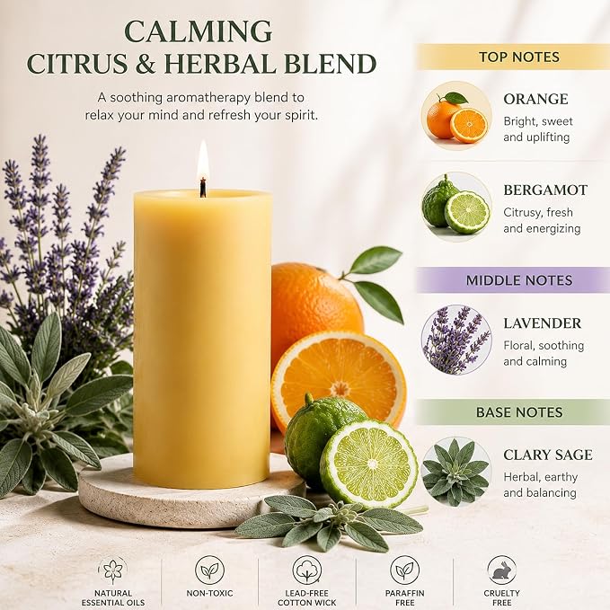 Bergamot Beeswax Candle 2.8x6 Inch, Non Toxic Scented Pillar Candle 100 Hour Burn Time, Natural Bees Wax Aromatherapy Candle for Relaxation, Stress Relief, Sleep, Meditation