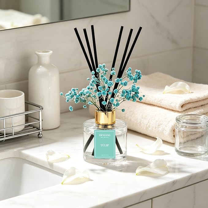 Reed Diffuser Set, 3.38 fl oz (100ml) Tulip Scent Oil Diffuser with 6 Reed Sticks, Natural Home Fragrance Reed Diffuser for Bathroom, Bedroom, Living Room Shelf Decor
