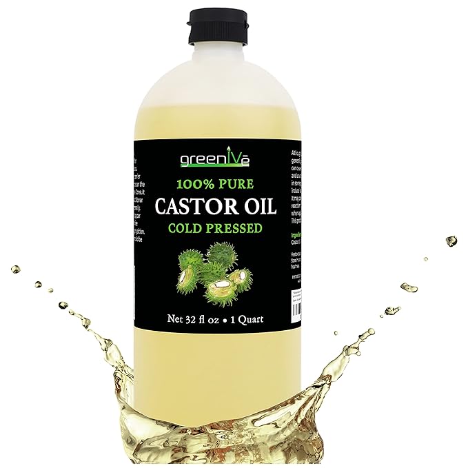 GreenIVe 100% Pure Castor Oil, 32 Fl oz | Cold-Pressed, USP Grade, Hair, Eyebrows, Eyelashes, Skin Moisturizer, Castor Pack Wrap Oil Bulk Bottle