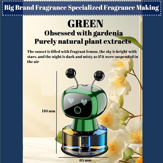 Robot Intelligent Aromatherapy Machine, Smart Cute Robot Car Air Freshener - Fine Spray/Fillable/Four-Gear Adjustment/Vibration Sensing/On-Off/Large Capacity Long-Lasting Fragrance/Green-V2(Gardenia)