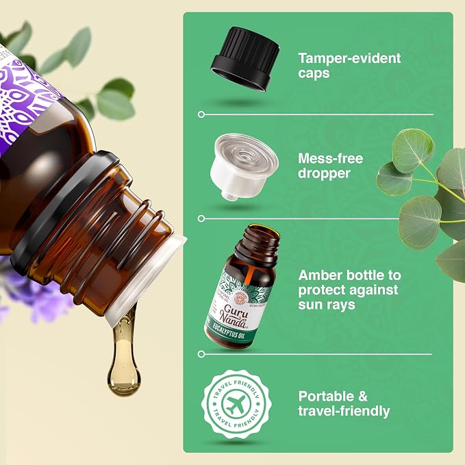GuruNanda Essential Oils Set (Pack of 4 x 0.5 Fl Oz) - Pure, Natural Frankincense, Lavender, Eucalyptus & Orange Aromatherapy Oils for Diffusers, DIY & Home Use