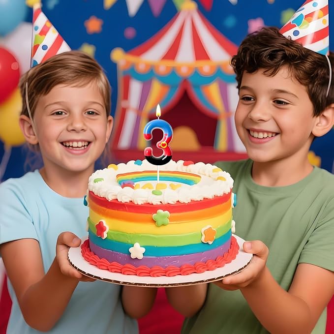 Number 3 Birthday Candle for Cake – Red Blue Cartoon Hero Style with Heart Design – Cute Cake Topper for Birthday Party Decoration