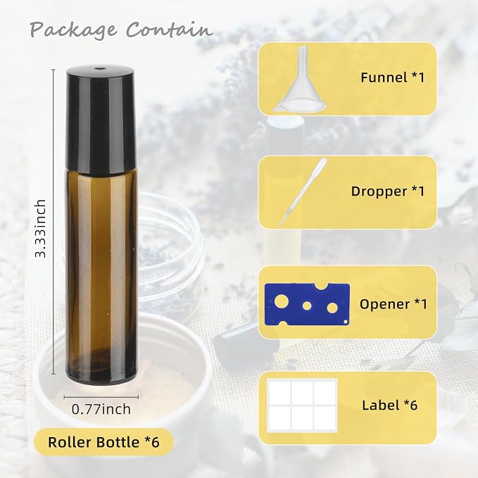 10ML Essential Oil Roller Bottles, 6 Pack Amber Oil Roller Bottles for Essential Oils, Roll on Bottle with Stainless Steel Balls(6 Labels, Opener, Funnel, Dropper Included)