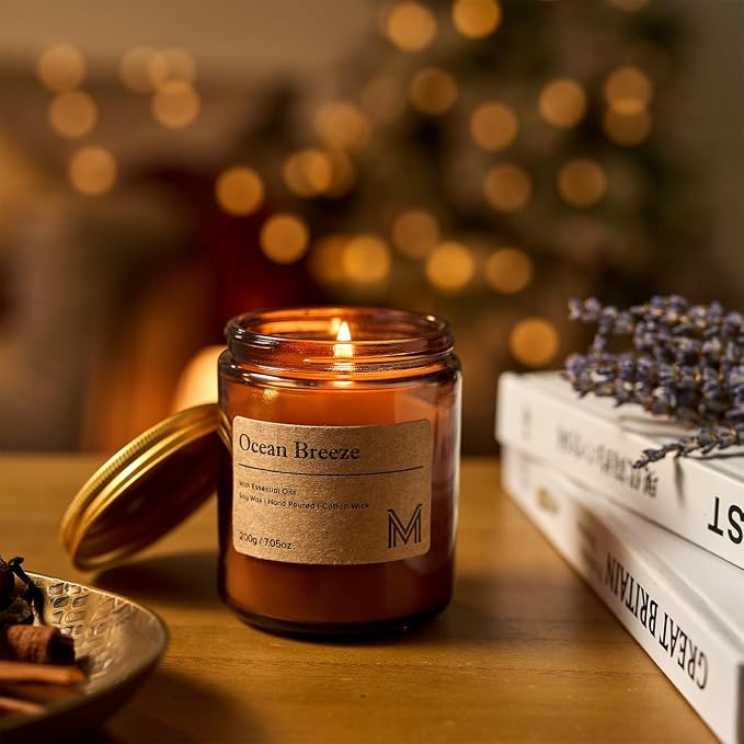 M&SENSE Oceanic Breeze Scented Small Candle, 7.5Oz Aromatherapy Candle for Home Fragrance, Soy Wax Candles Gift for Birthday, Housewarming, Amber Jar Candle for Stress Relief, Meditation, Yoga