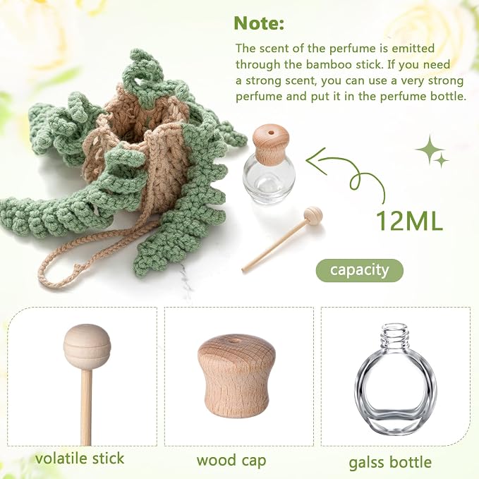 DaisyInner Cute Crochet Plant Car Freshener 12ml Empty Refillable Diffuser Bottle with Plants Hanging Accessories for Ornaments Charms Rearview Mirror Home Office Decor Women Gifts(Fern)