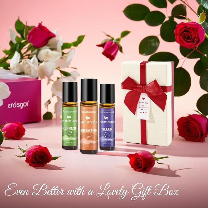 Therapeutic Grade Essential Oils Roll-On Set with Gift Box (Refresh, Breathe, Sleep), Natural Energy Boost, Head Comfort, Deep Relaxation, Sleep Support, Clear Breathing, Self-Care Gift, 3x10ml