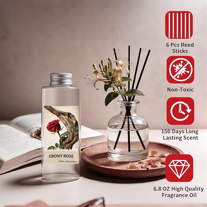 STRN Reed Diffuser Oil Refill, Ebony Rose Scented Diffuser Oil Refills with 6 Reed Sticks 200ML(6.8fl.oz), Room Fresheners for Home, Long-Lasting Summer Fragrance for Living Room, Bedroom, Office
