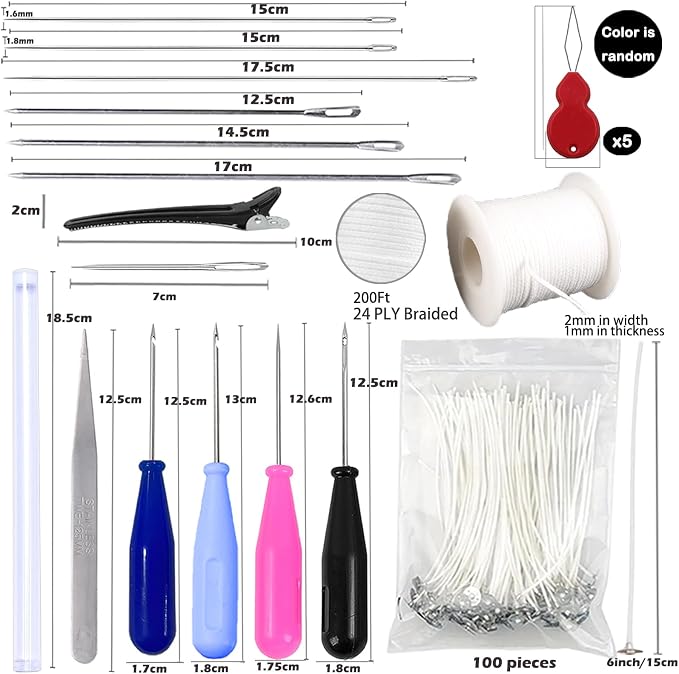119PCS Candle Making Kit Mold Punch Needle with Hook Eye,Candle Wick Inserting Tool for Molds Long Wick Needle for Candle Making,Candle Wick Roll 200 Ft 24 Wick Spool,100 Piece 6" Natural Candlewick