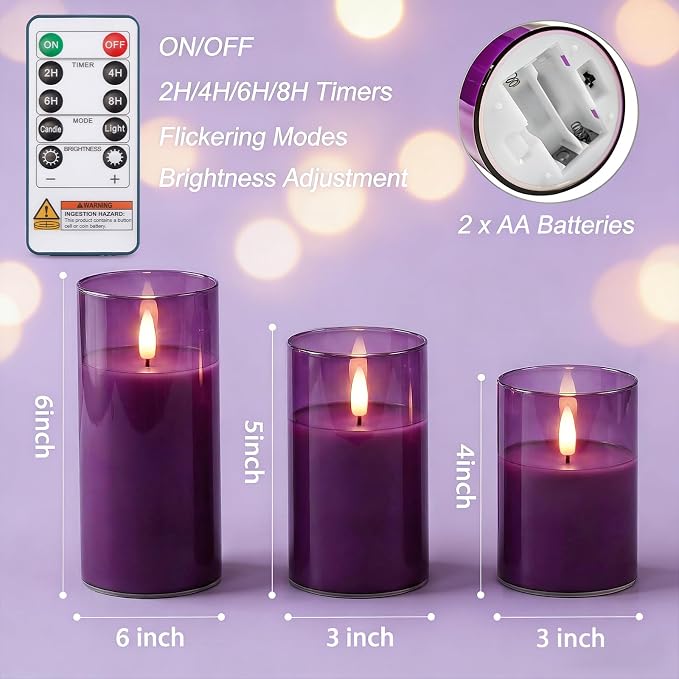 Homemory Purple Glass Flameless Candles, Battery Operated LED Pillar Candles with Remote Control and Timer, Radiance Candles, Real Wax, Set of 3,D3 xH4 5" 6"