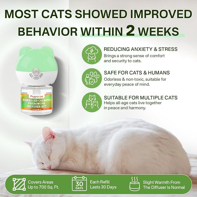 puyrzoe Cat Calming Diffuser with 3 Timing Functions, 6-in-1 Cat Pheromones Calming Diffuser Kit, 120-Day Anxiety Relief, Stress Reduction & Relaxation for All Cats (2 Diffusers + 4 Refills)