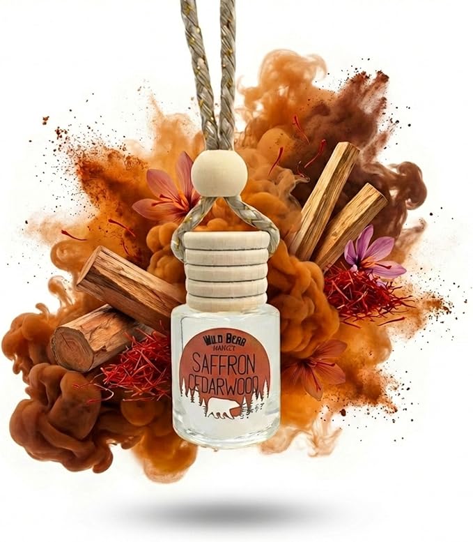 Car Freshener – Long Lasting Natural Fragrance Oil, Glass Bottle Diffuser, Toxin-Free, Made in USA – Saffron Cedarwood