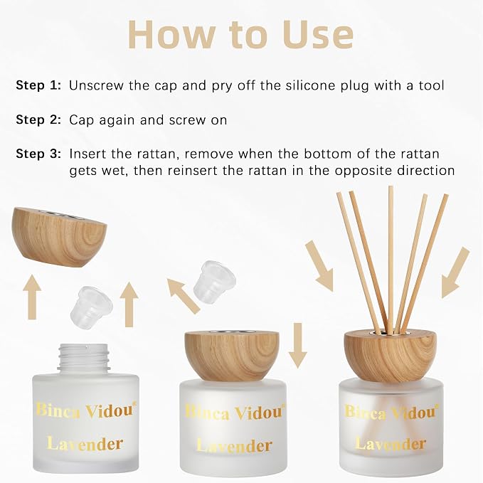 Reed Diffuser Set of 3, Binca Vidou Natural Scent Oil Diffusers with Sticks for Home Office Bathroom Aromatherapy Decor 3.38oz x 3(Lavender, Linen & Jasmine)