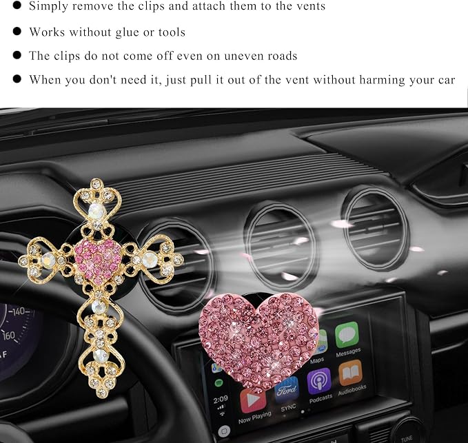 2 PCS Bling Car Vent Clip, Crystal Rhinestone Cross and Heart Car Air Fresheners Vent Clips, Diamond Car Air Conditioner Outlet Decoration Charm for Women, Car Accessories (Pink)