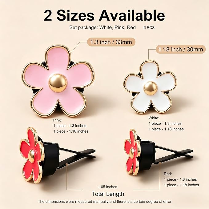 6 Pcs Daisy Flower Car Air Freshener Vent Clip, 2 White 2 Pink 2 Red Refillable Car Diffuser, Daisy Car Accessories Car Decorations Interior for Car Bathroom Office Pet Houses