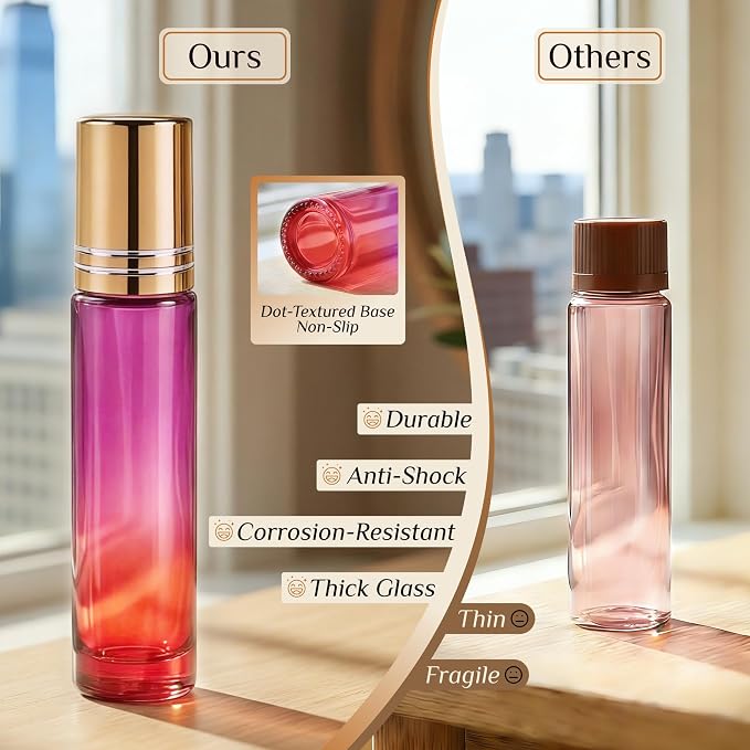 PrettyCare 12 Pack, 10 ml Essential Oil Roller Bottles with Stainless Steel Roller Ball - Refillable Leak-proof Empty Thick Red & Purple Glass Roll on Bottles with Golden Caps for Travel, Perfume