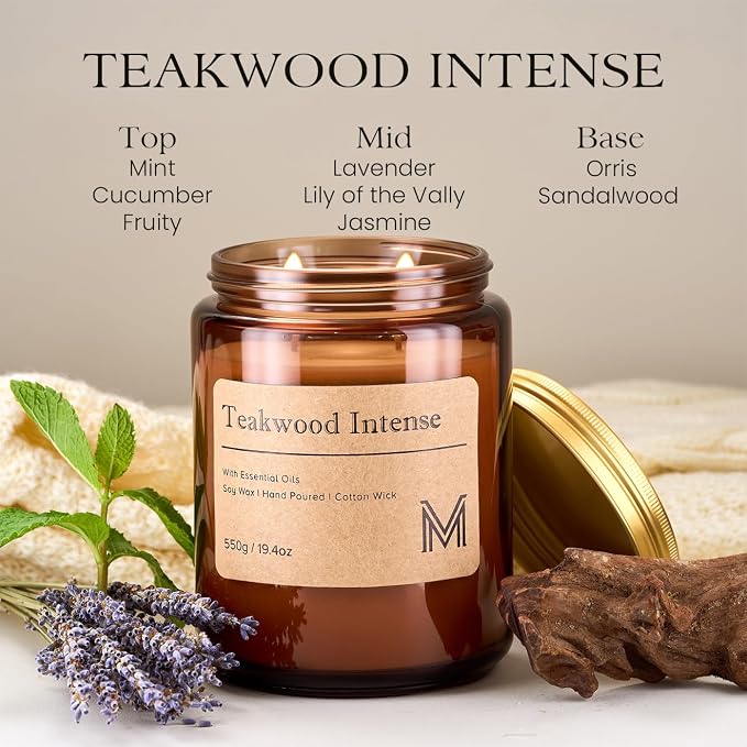 M&SENSE Teakwood Intense Scented Large Candle, 19.4oz Aromatherapy Candle for Home Fragrance, Natural Organic Soy Wax Long-Lasting for Stress Relief, Yoga, Gifting for Birthday, Housewarming