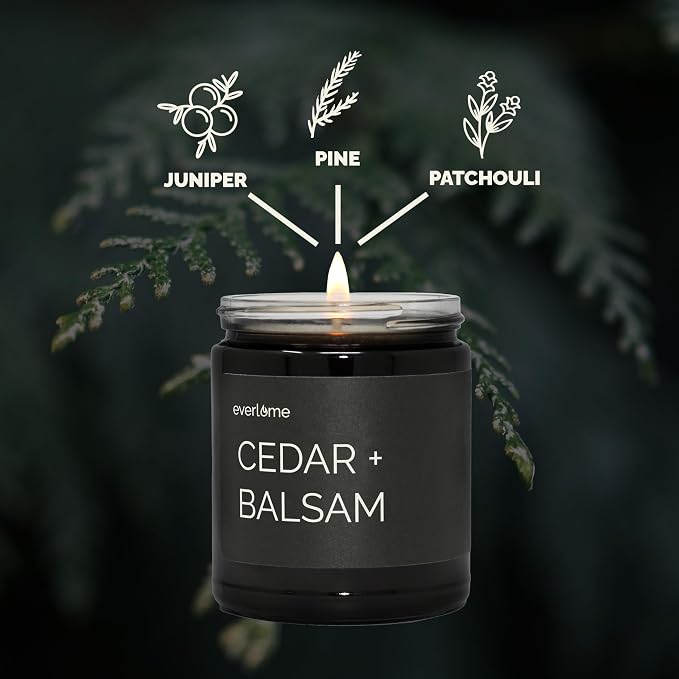Premium Soy Wax Candle | Highly Scented Black Glass Jar Candles | Long Lasting, Clean Burn | 8 oz | Gifts for Man and Woman | Made in USA (Cedar + Balsam)