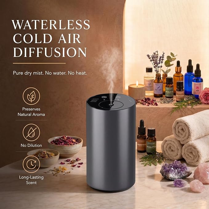 Oxdigi Waterless Essential Oil Diffuser, Portable Scent Air Machine with Timer & 3 Mist Modes for Home, Car, Office, Bedroom and Hotel, Grey