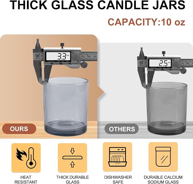 SHOWIN 10 OZ Thick Candle Jars for Making Candles 15 Pcs, Empty Jars with Wood Lids for Candle Making, Sample Container, Grey