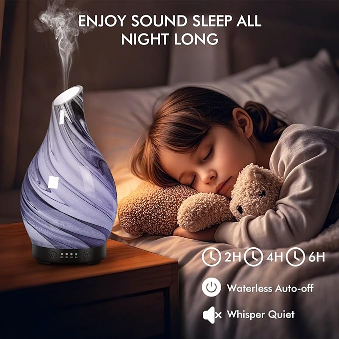Aromatherapy Essential Oil Diffuser for Home- Art Glass Diffuser for Essential Oils with Waterless Auto Shut-Off 4 Timer 7 Colors LED Night Light for Home Office Decor Gifts for Women