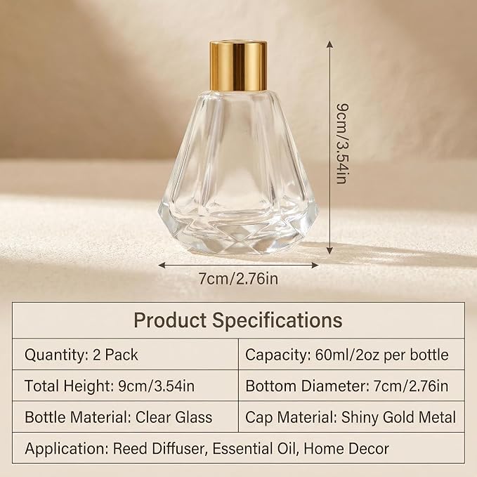 2 Pack 2oz Clear Reed Diffuser Bottles, Empty Refillable Diamond Style Glass Aromatherapy Bottles with Gold Caps & Inner Stoppers for Bathroom, Home & Office Fragrance DIY