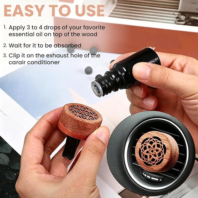 2PCS Car Essential Oil Diffuser: Natural Rosewood Vent Clip Freshener, Volcanic Stone Slow Release Aroma Diffuser for Auto Home Office Bedroom Indoor Use