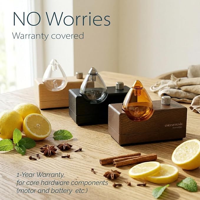 Waterdrop Glass Essential Oil Diffuser with Handmade Wood Base for Aromatherapy, Waterless Scent Diffuser for Yoga Home Office, Portable & Cordless Oil Nebulizer with LED & Timer, Gift of Fragrance