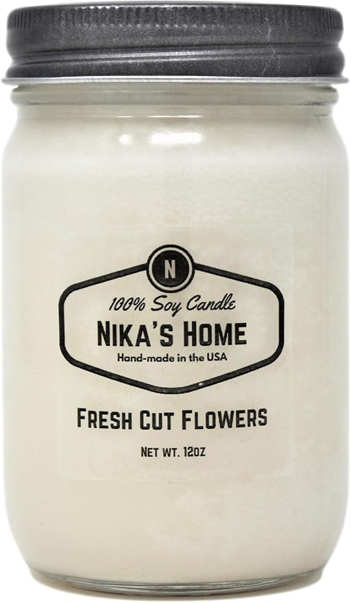 Nika's Home Fresh Cut Flowers Soy Candle - 12oz Mason Jar - Non-Toxic - Hand Poured in The USA, Long Burning 50-60 Hours Highly Scented All Natural, Clean Burning