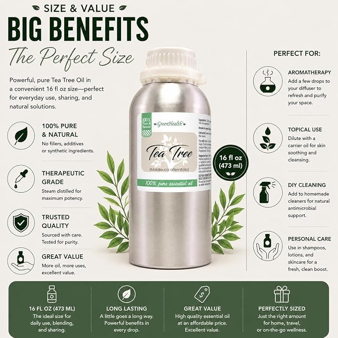 2 Bottles - 16 fl oz Tea Tree Essential Oil (100% Pure & Uncut), Aluminum Bottle - GreenHealth