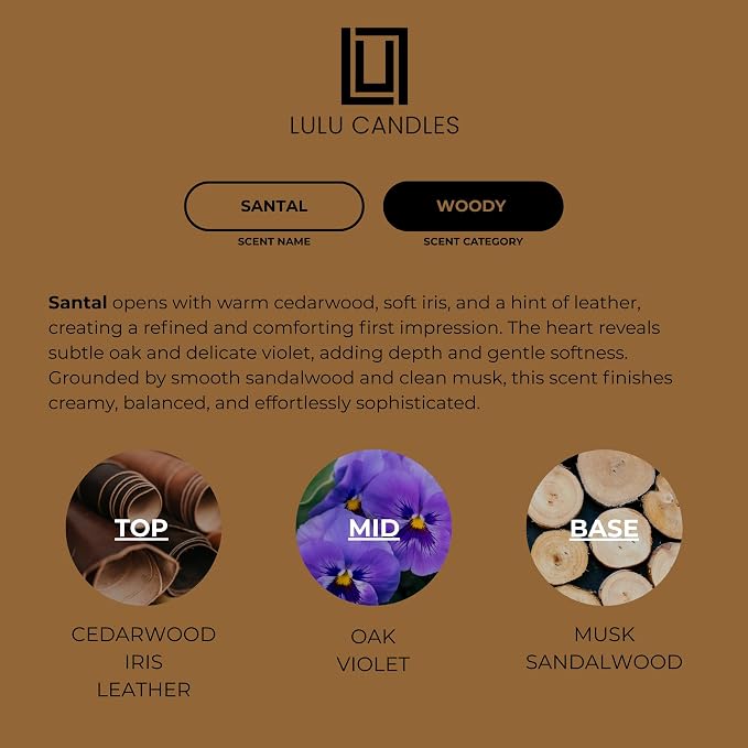 Lulu Candles | Santal | Luxury Scented Soy Jar Candle | Hand Poured in The USA | Highly Scented & Long Lasting (9 Oz.)