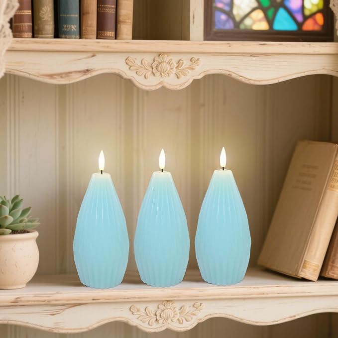 Blue Ribbed Flameless Candles with Remote Flickering Realistic Battery Powered LED Real Wax Decorative Candle Geometric Aesthetic Modern Ocean Decor for Home Table Fireplace, 3 Pack