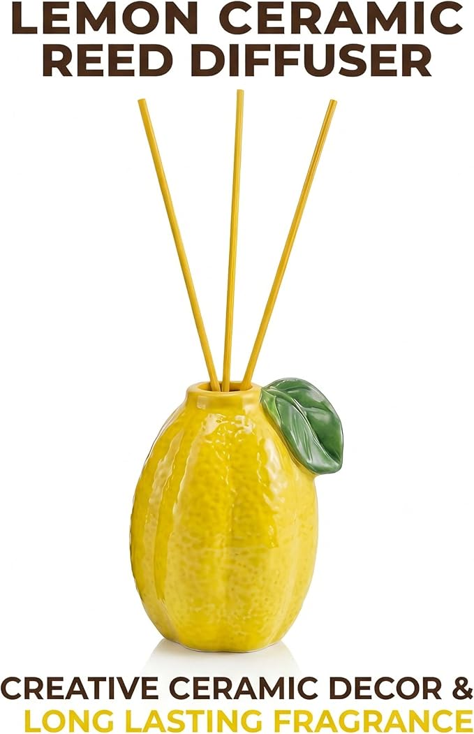 Lemon Scented Reed Diffuser Set – 6.76 fl oz (200ml) with Sticks, Creative Lemon-Shaped Ceramic Design for Home, Bedroom & Bathroom Decor, Long Lasting Aromatherapy Gift