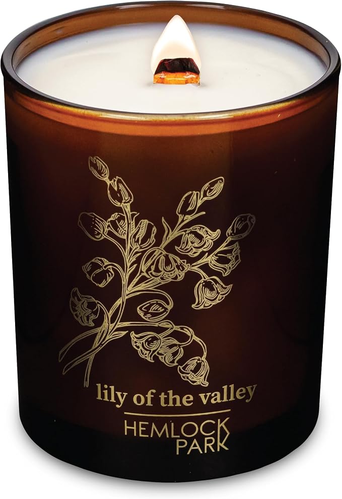 Hemlock Park Lily of the Valley Amber & Gold Scented Candle | Crackling Wood Wick, Botanical Fragrance & Coconut Apricot Wax | Up to 50 Hour Burn Time | 7.2 oz | Made in USA