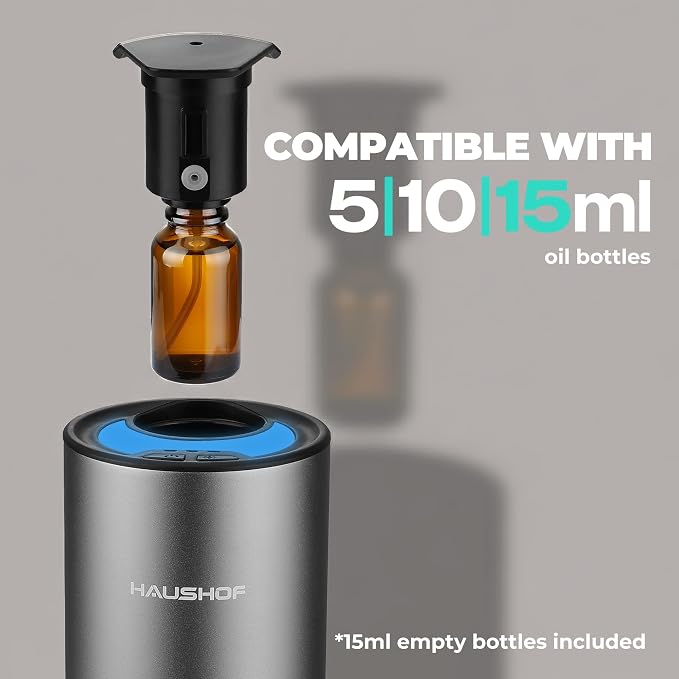 HAUSHOF Waterless Essential Oil Diffuser for Home & Car, Smart Aromatherapy Scent Diffuser with Auto On/Off, 3 Mist Levels & 3 Color Lights, Rechargeable Portable Design, Premium Silver Metal Finish