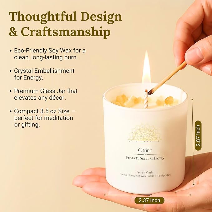 AvaConcept Healing Crystal Candle Gift Set – Set of 3 Citrine, Amethyst & Lazurite Hand-Poured Soy Wax French Vanilla, Lavender & Sea Salt Orchid Aromatherapy Scents 3.5oz Each | Premium Gift Box