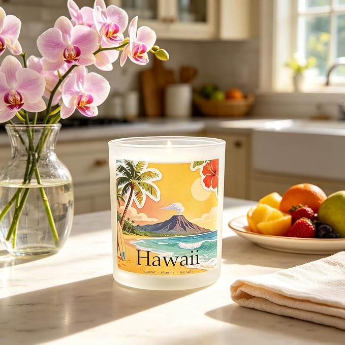 Hawaii Breeze Scented Candle, Coconut & Plumeria & Sea Salt - Hawaii Gifts, Hawaiian Gifts for Women, Hawaii Souvenirs, Tropical Souvenirs, 100% Soy Wax, 7OZ