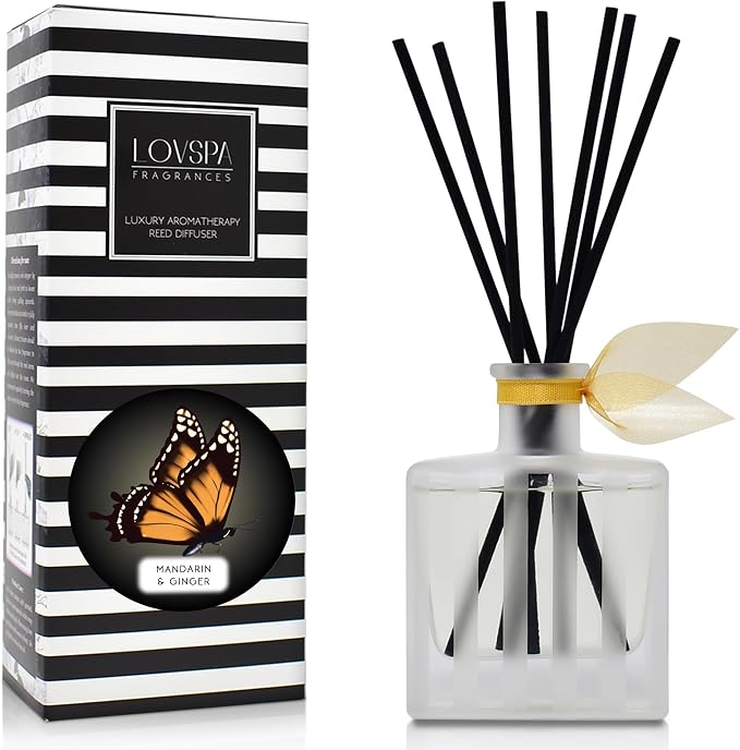 Reed Diffuser Set, Mandarin & Ginger Scented Oil Diffuser with Sticks, Home Fragrance Accessories for Bathroom Shelf Decor, Aroma Diffusers for Home or Office Desk, USA Made