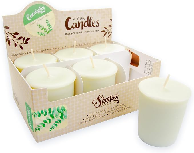 Eucalyptus Leaf Soy Votive Candles - Scented with Essential & Natural Oils - 6 Green Natural Votive Candle Refills - Fresh & Clean Collection