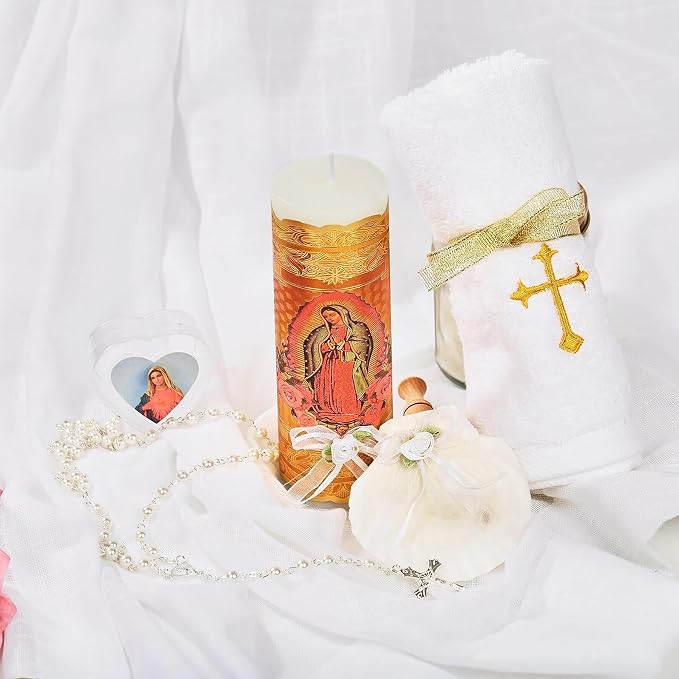 Catholic Baptism Candle Set for Boys and Girls - Includes Virgen de Guadalupe Candle, Towel, Rosary and Shell