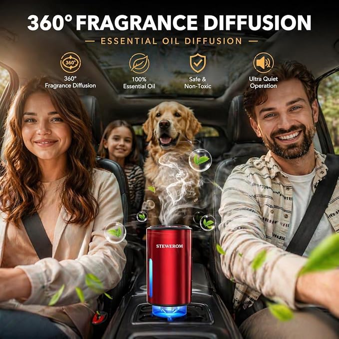 Car Air Freshener - Smart Adjustable 3-Speed Intensity, Rechargeable Humidifier Car Essential Oil Diffuser - Comes with 8 Bottles of 10ml Perfume (Red)