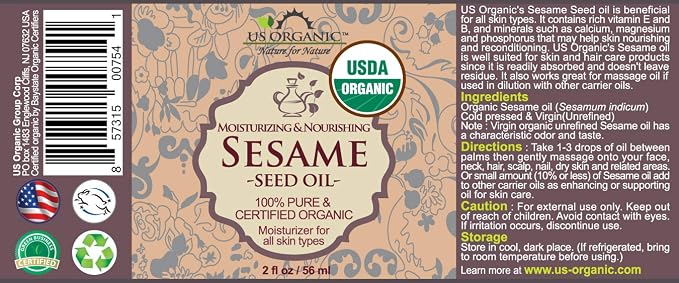US Organic Sesame Seed Oil, Certified Organic, Untoasted, Unrefined Virgin, Pure & Natural, Cold Pressed, in Amber Glass Bottle w/Glass Eyedropper, Sourced from Mexico (2 oz (Small))
