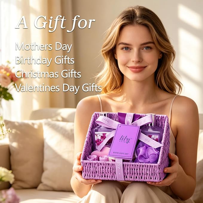 Gifts for Women, Birthday Gift - 9 Pcs Lavender Bath and Body Gift Basket, Set Spa Gift Basket for Women, Gift Baskets, Spa Kit | Christmas, Mothers Day, Valentines Day Gift Set for Her All Occasion