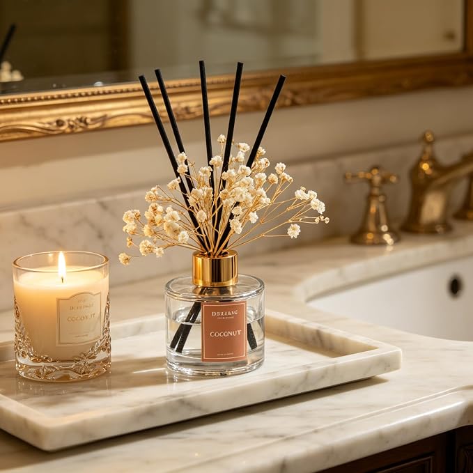 Reed Diffuser Set, 3.38 fl oz (100ml) Coconut Scent Oil Diffuser with 6 Reed Sticks, Natural Home Fragrance Reed Diffuser for Bathroom, Bedroom, Living Room Shelf Decor