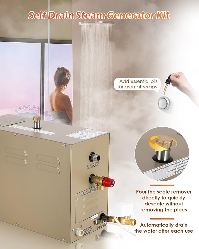 Steam Shower Generator Kit 10.5KW for Bath Sauna SPA, Self-draining System, Aromatherapy Steam Head, LED Touchscreen Controller, 12-Hour Timer 77-131℉ For Home Commercial Use