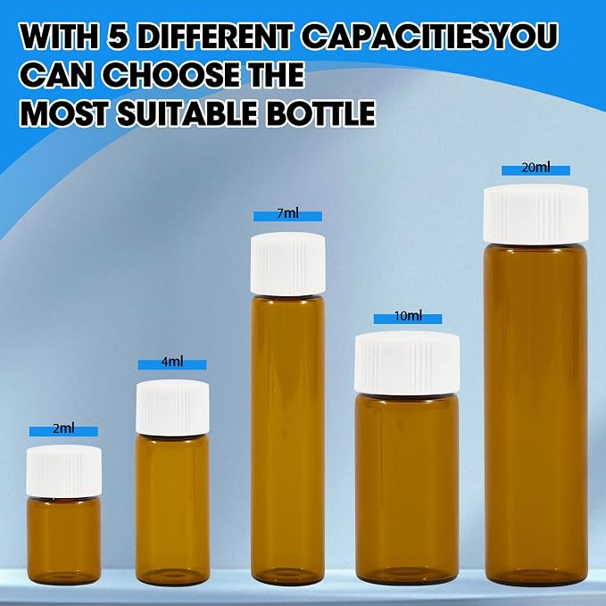 12PCS 7ml Amber Glass Vials with White Screw Caps and Plastic Stoppers, 2 Dram Leak-Proof Small Liquid Sample Bottles for Essential Oils, Perfumes, Reagents