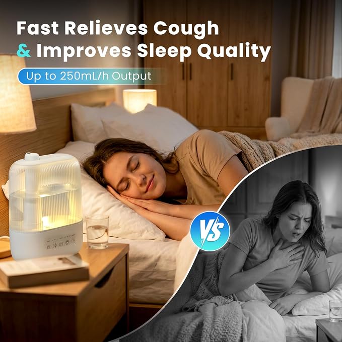 COWSAR Humidifier for Bedroom, 3L Top Fill Cool Mist Humidifier for Large Room, Easy to Fill & Clean, Quiet 22dB, Baby Humidifier, Nightlight, Timer/Sleep Mode, 360° Nozzle, Aromatherapy Tray, White