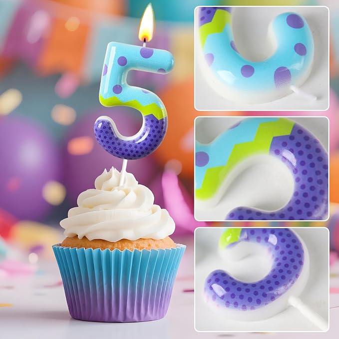 Number 5 Birthday Candle for Cake – Colorful Polka Dot & Patchwork Design – Fun Cake Topper Decoration for Birthday Celebration